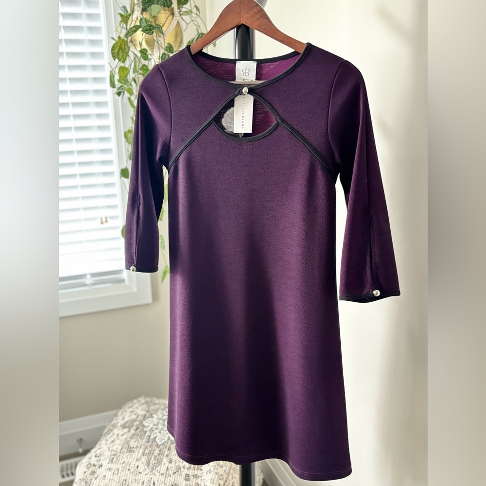 NWT Papillon Blanc Purple Sheath Dress 3/4 Sleeve Crew Neck with cutout